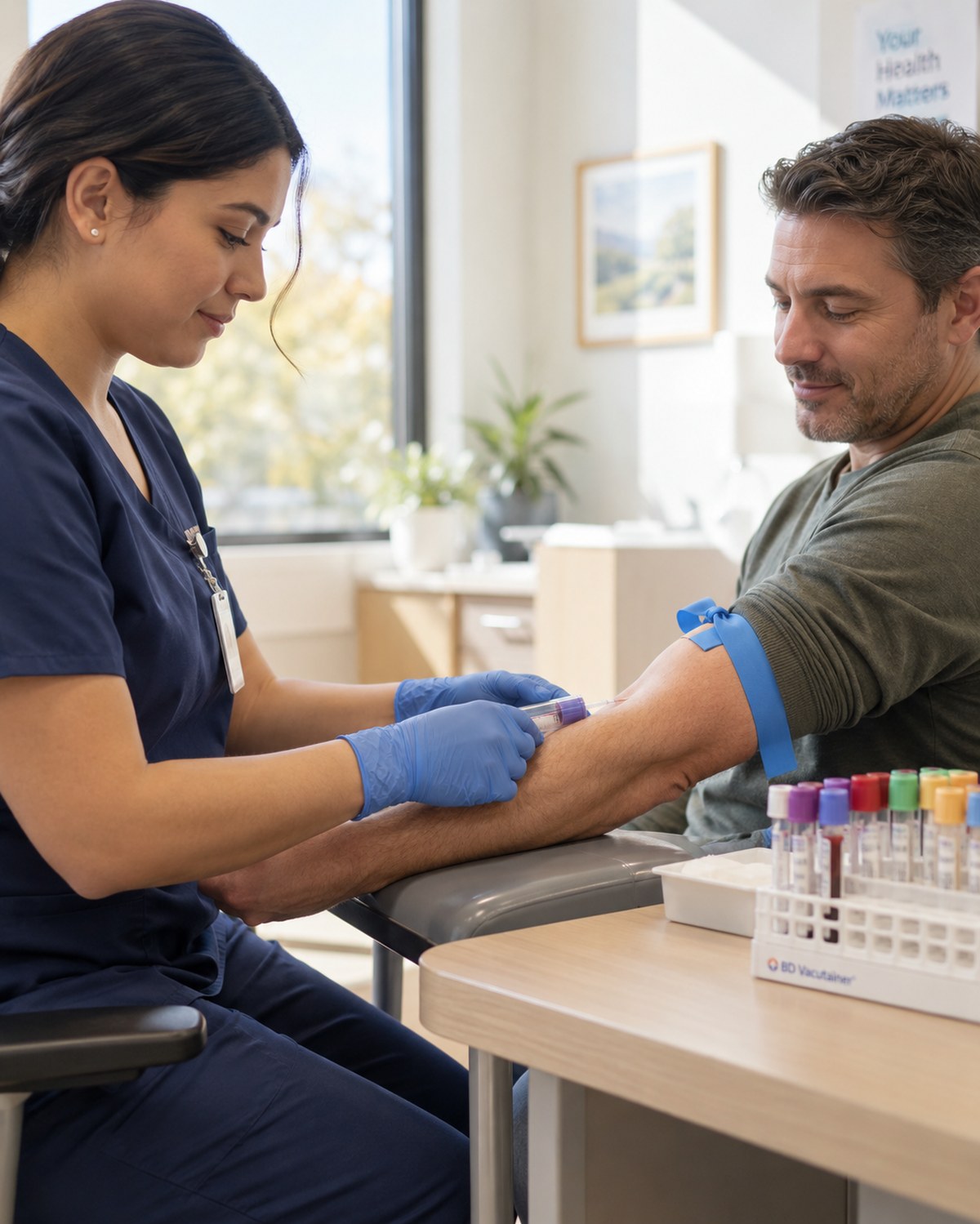 A phlebotomist drawing blood from a seated patient's arm, with labelled specimen tubes on the table