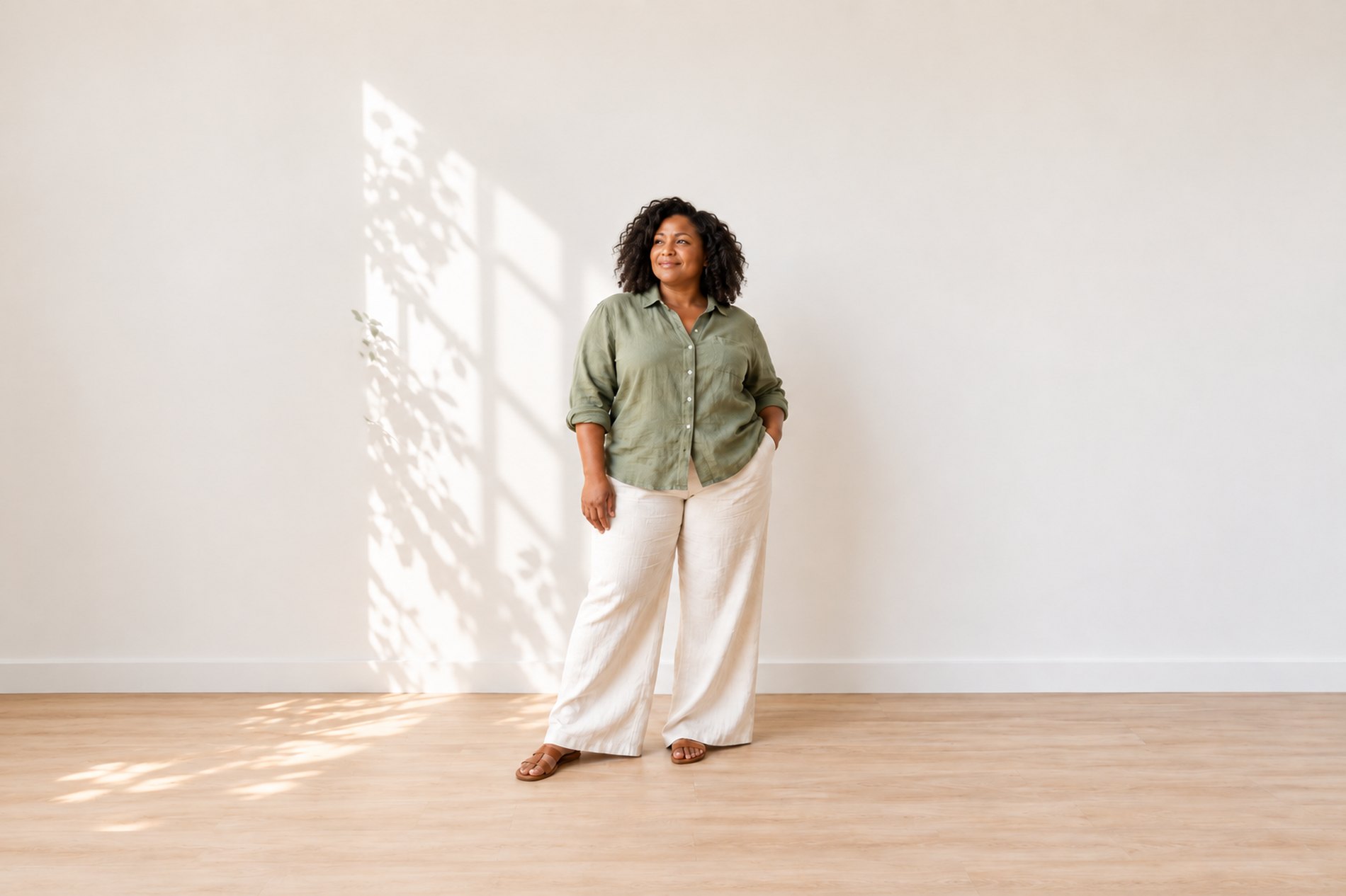 A patient standing in a sunlit room
