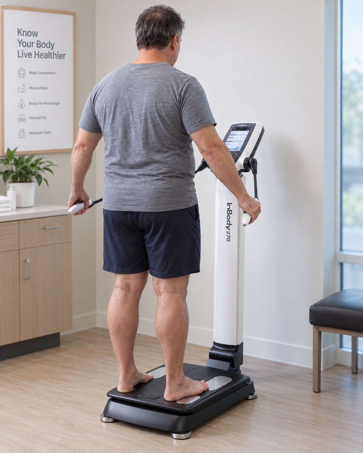 A patient standing on the InBody analyser, holding the hand electrodes, during a body-composition measurement