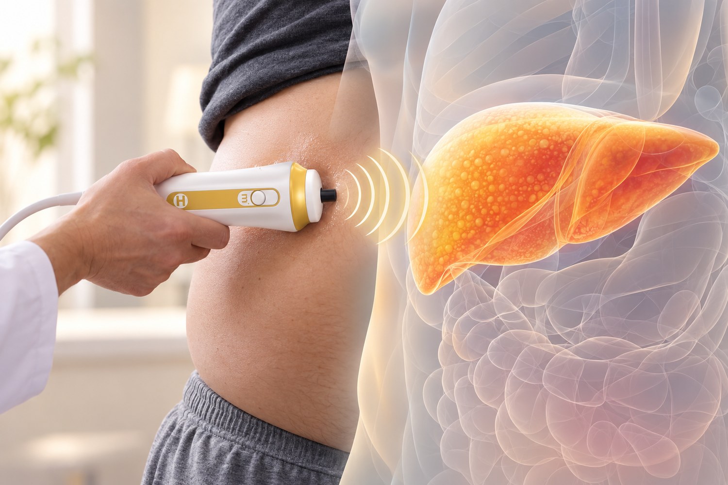Illustration of a handheld FibroScan probe on a patient's right side, with the sound waves reaching a fat-laden liver